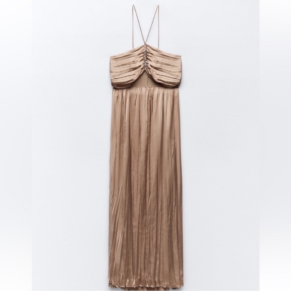 Zara Beige Satin Ruched Maxi Dress